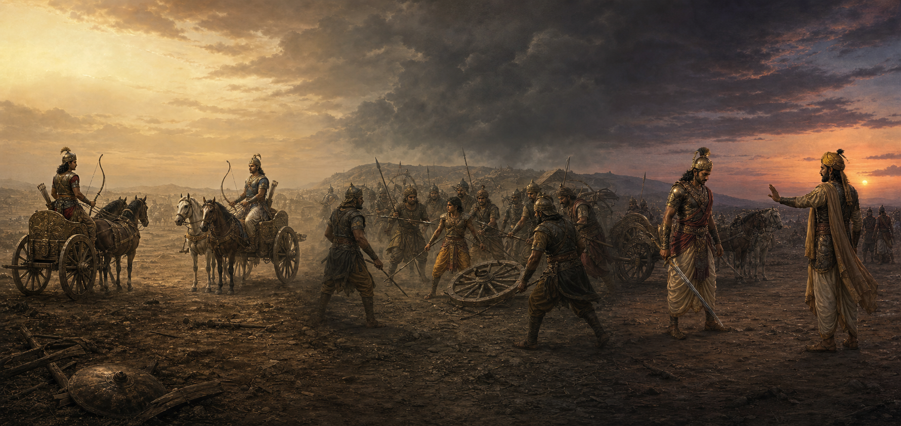 Three connected battlefield scenes show an even duel, an isolated warrior surrounded by opponents, and combatants pausing at twilight.