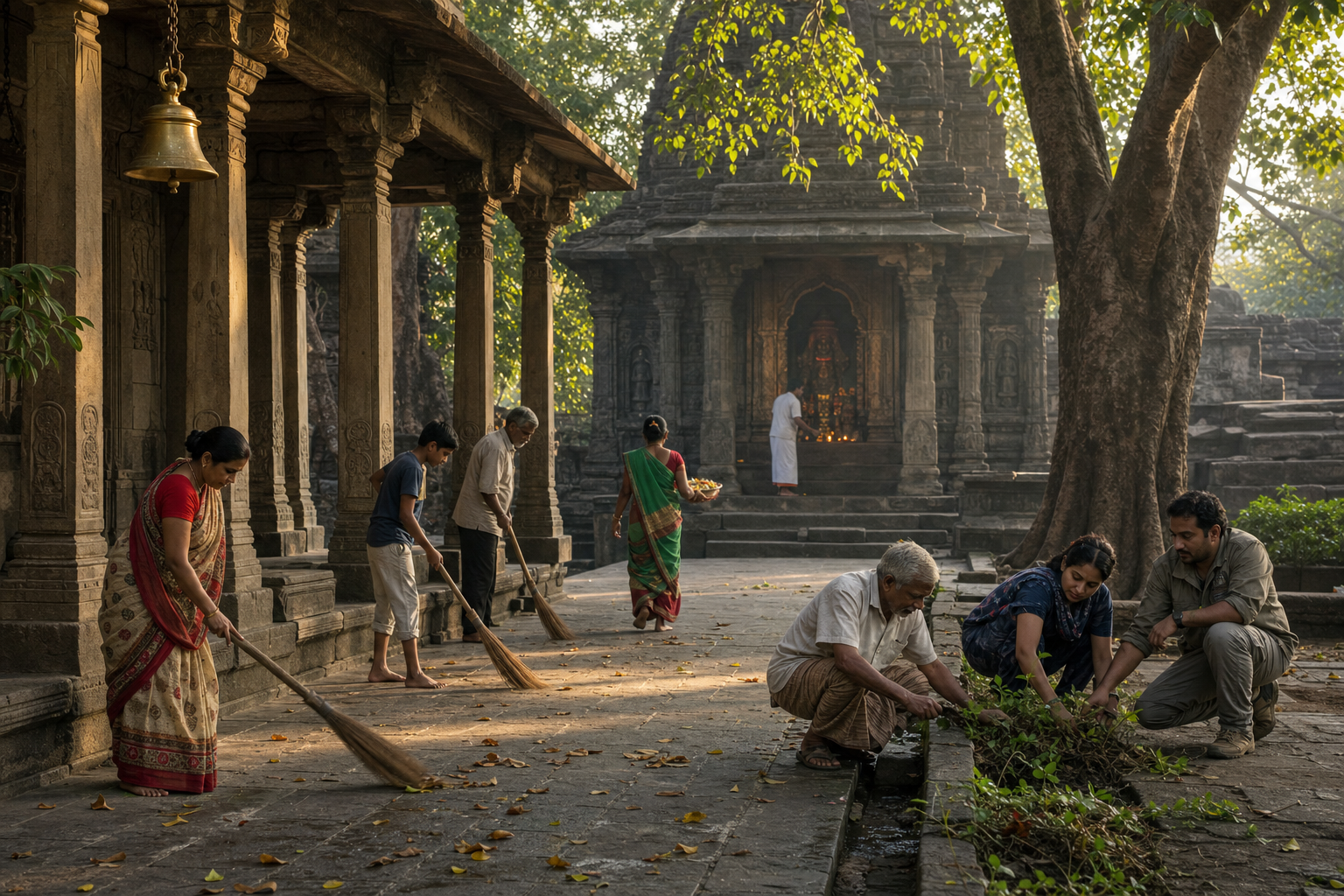 Community members sweep leaves and tend the drainage edge of an old stone temple courtyard as a devotee approaches with flowers.