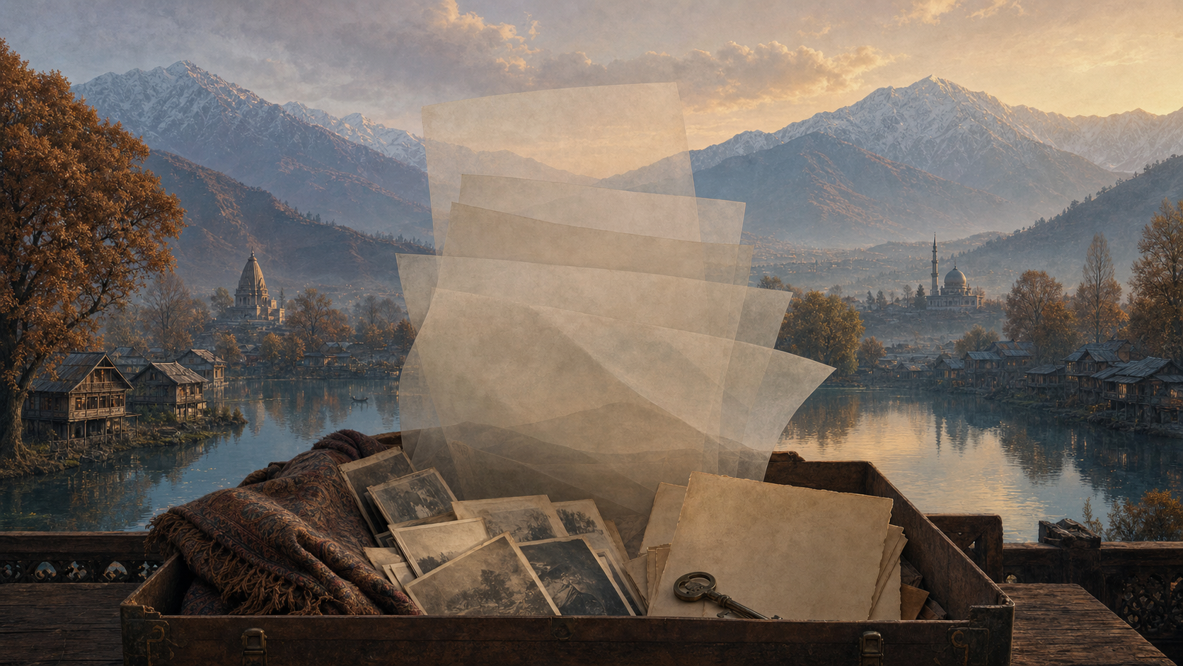 The Kashmir Valley at dawn behind an archival box containing old photographs, a house key, a folded shawl, and weathered documents.
