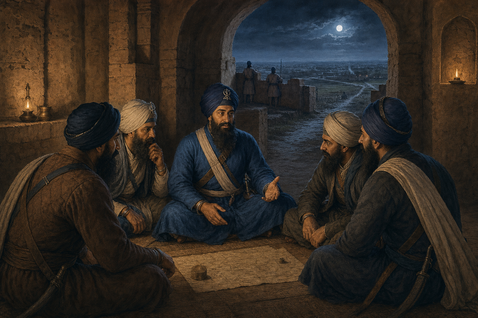 Five Sikh figures confer by lamplight inside a small fort while an open arch reveals a moonlit path leading into the surrounding fields.