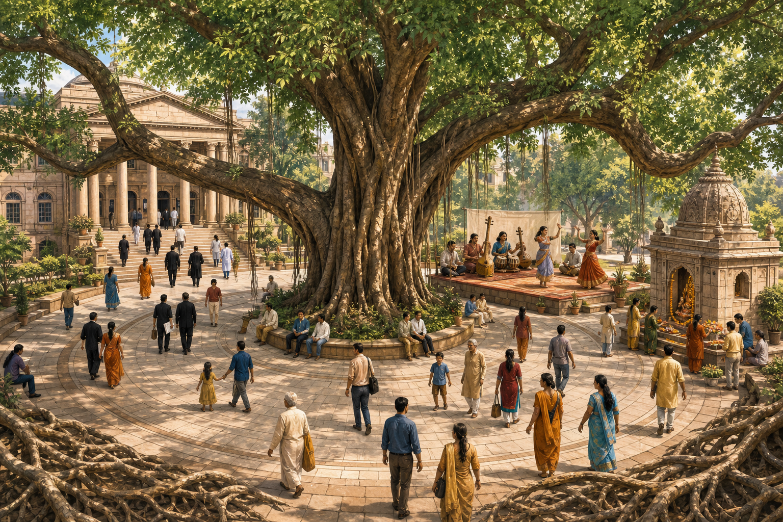 A banyan tree with three main branches shelters a civic building, an outdoor performance, and peaceful worship in a shared Indian public square.