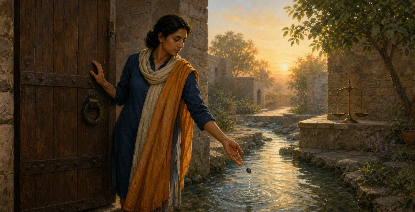 A calm person holds a courtyard gate partly closed while dropping a dark pebble into a flowing stream, with a brass balance scale nearby at dawn.