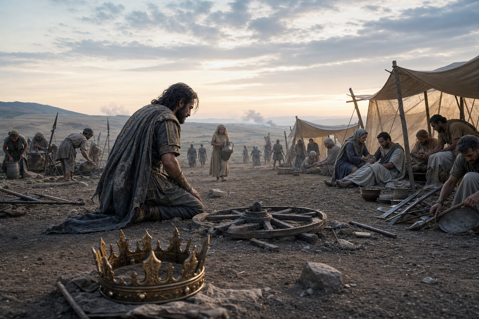 A grieving ruler kneels beside a broken chariot wheel as healers and civilians care for survivors after battle.