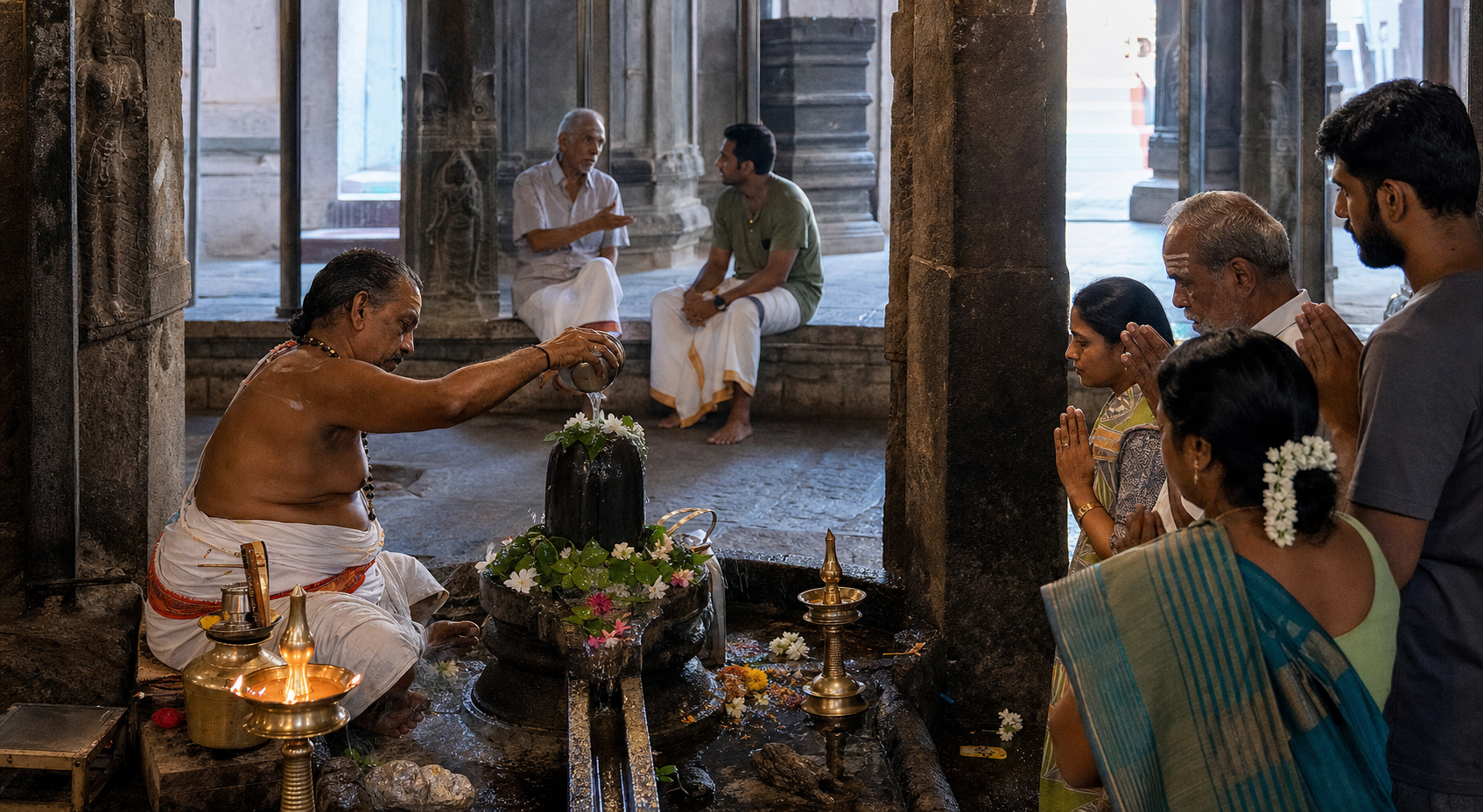 A priest performs water abhishekam on a stone linga as pilgrims pray nearby and generations gather among the temple's weathered pillars.