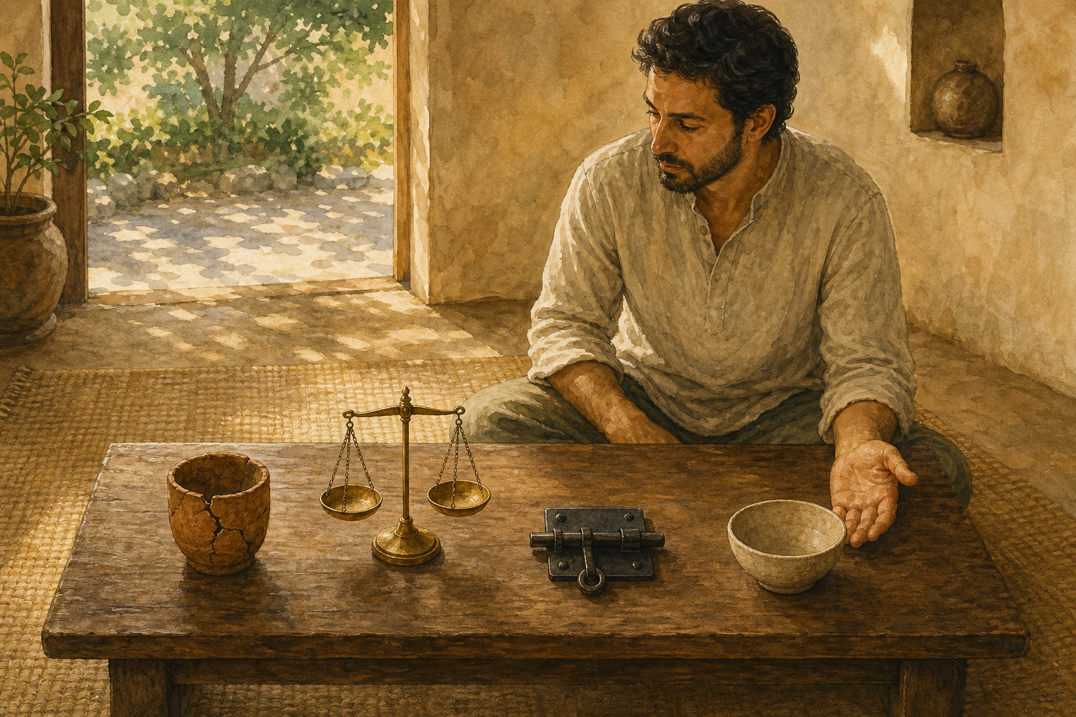 A seated person reflects on a cracked cup, a brass balance, a closed latch, and an empty bowl arranged separately on a wooden table.