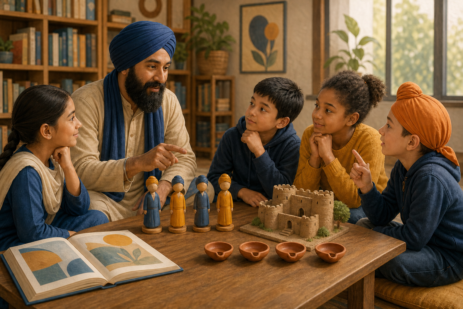 An educator and several children discuss four wooden figures and a small model fort arranged on a table in a softly lit community room.