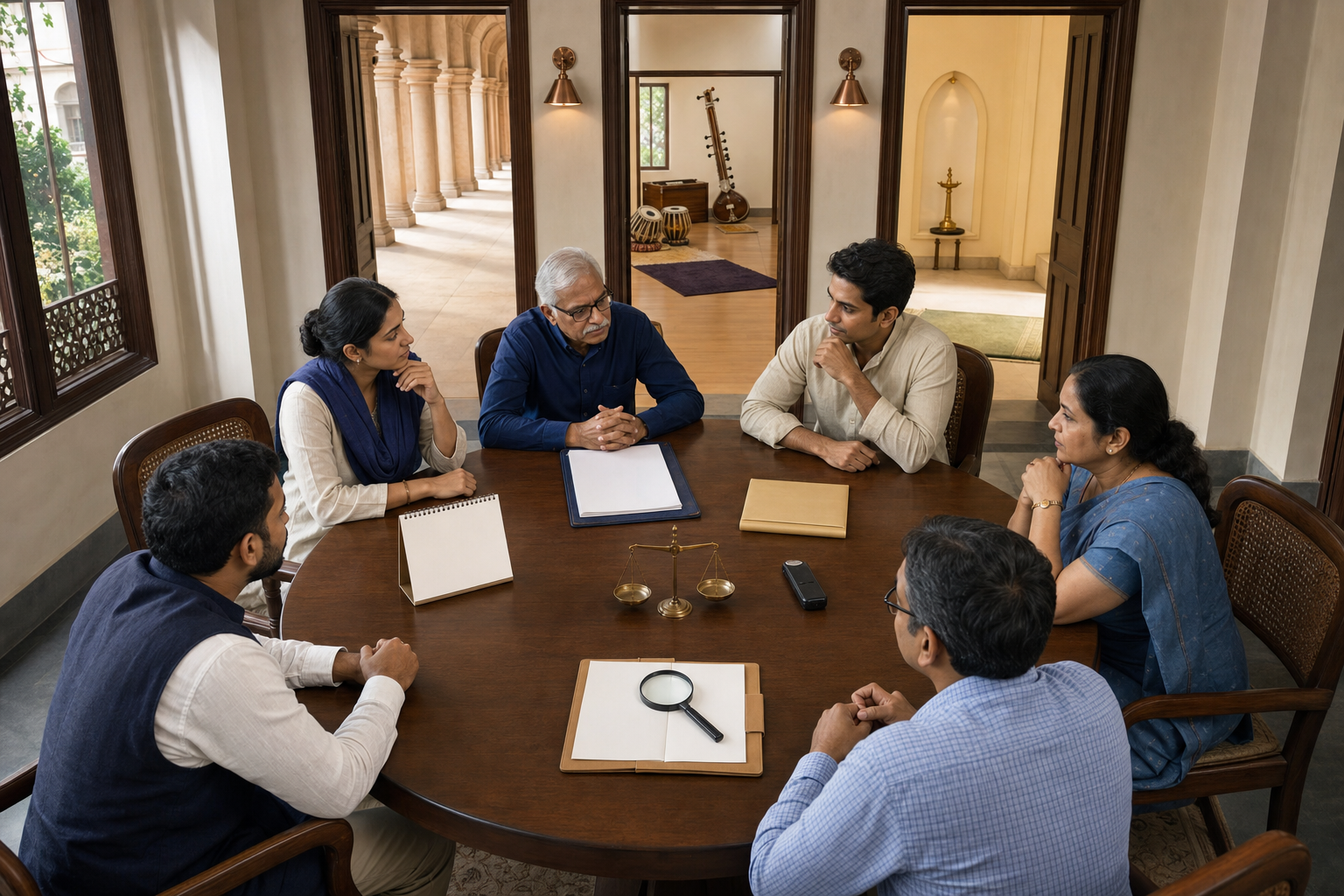 Six Indian citizens examine documents and evidence objects around a circular table in a public-law reading room.