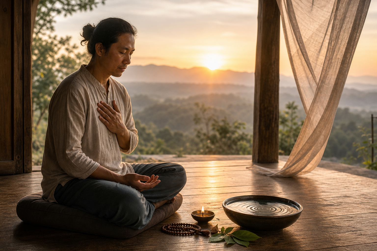 A person sits on a cushion with one hand over the heart beside an oil lamp, prayer beads, and a bowl of rippling water at dawn.