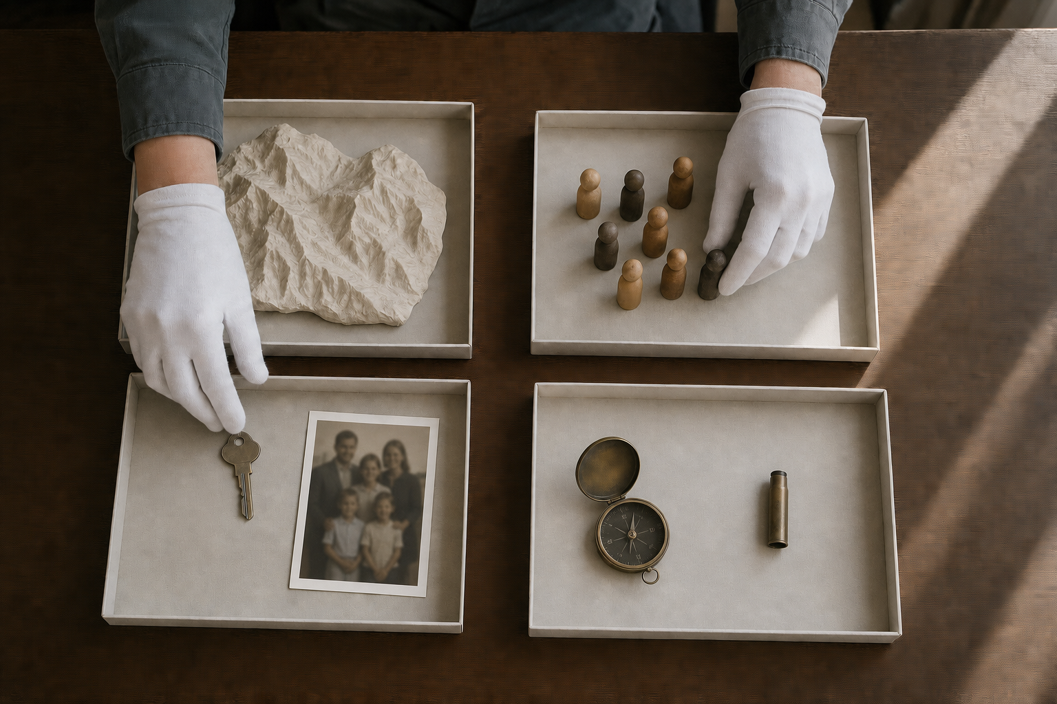 A researcher's hands sort a terrain model, human figurines, a house key, a family photograph, a compass, and a cartridge case into separate archival trays.