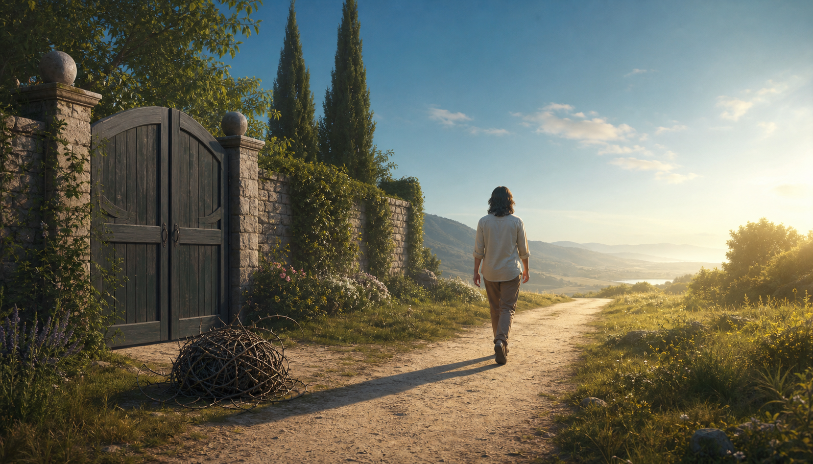 A person walks toward an open sunlit landscape after leaving a bundle of thorny vines beside a securely closed garden gate.