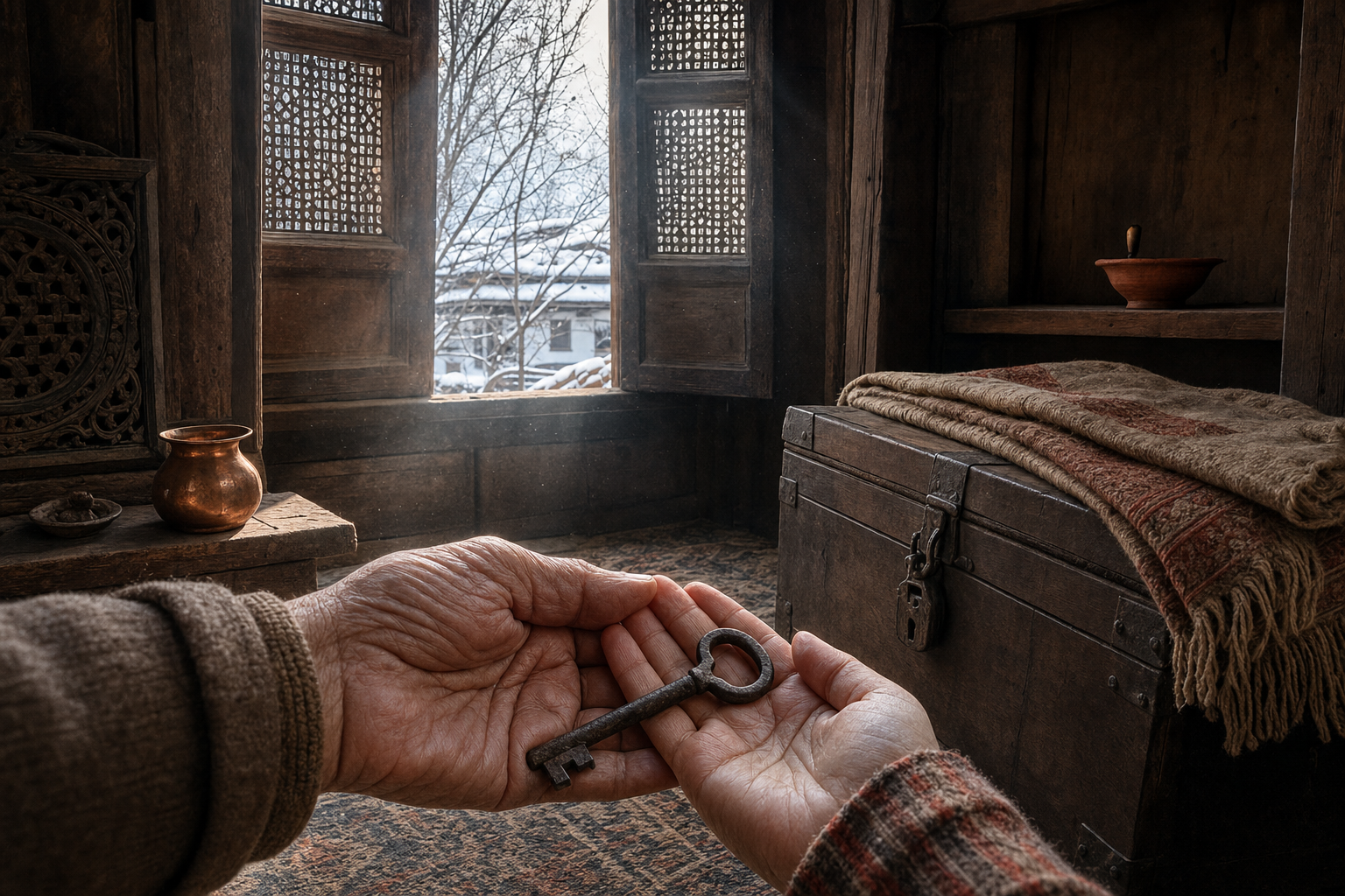 An older hand and a younger hand hold an iron house key inside an unoccupied traditional Kashmiri home with a shawl, copper vessel, and clay lamp.