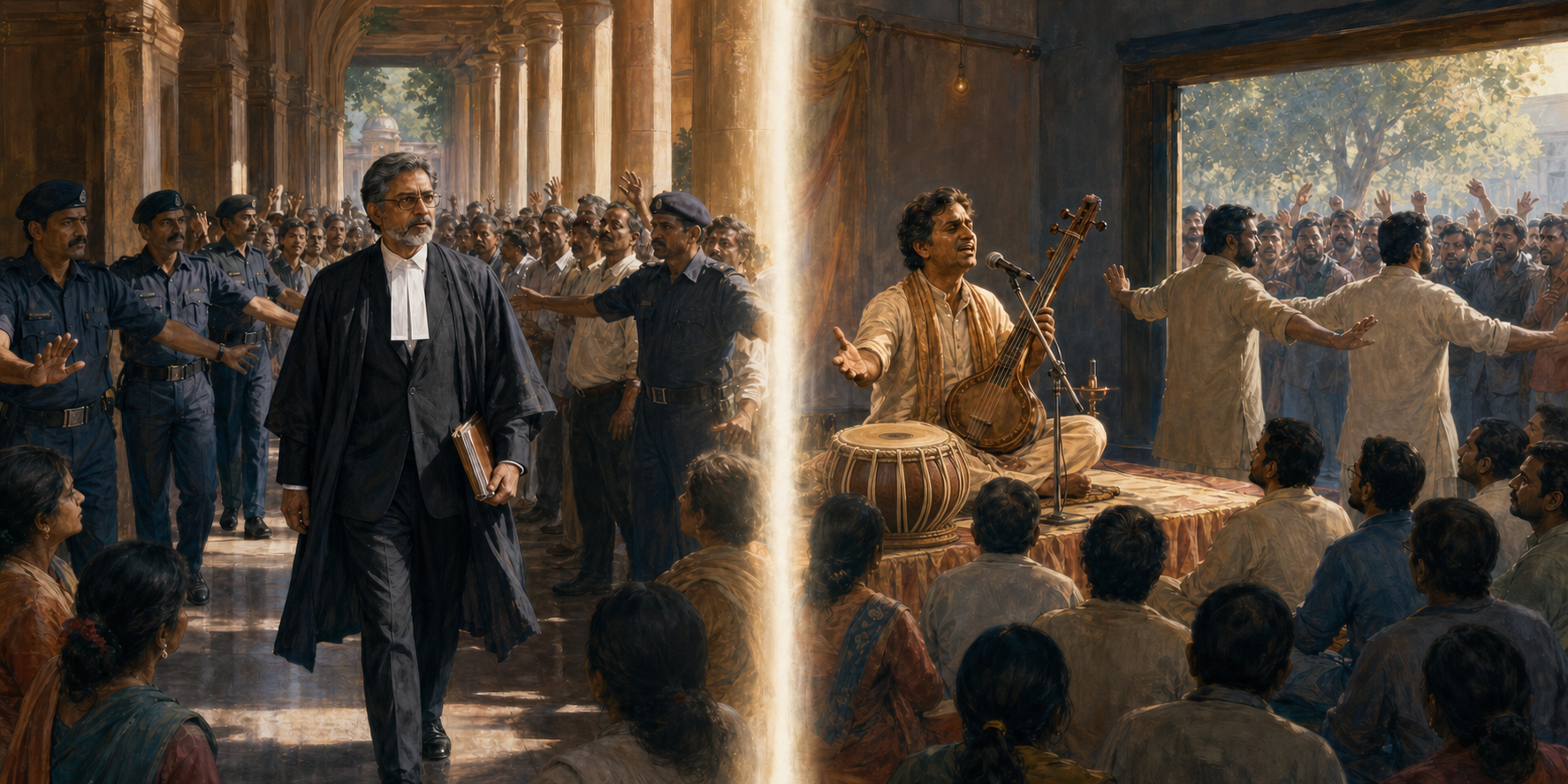 A fictional judge is escorted through a courthouse while, in a parallel scene, organizers protect a devotional singer's performance from protesters.