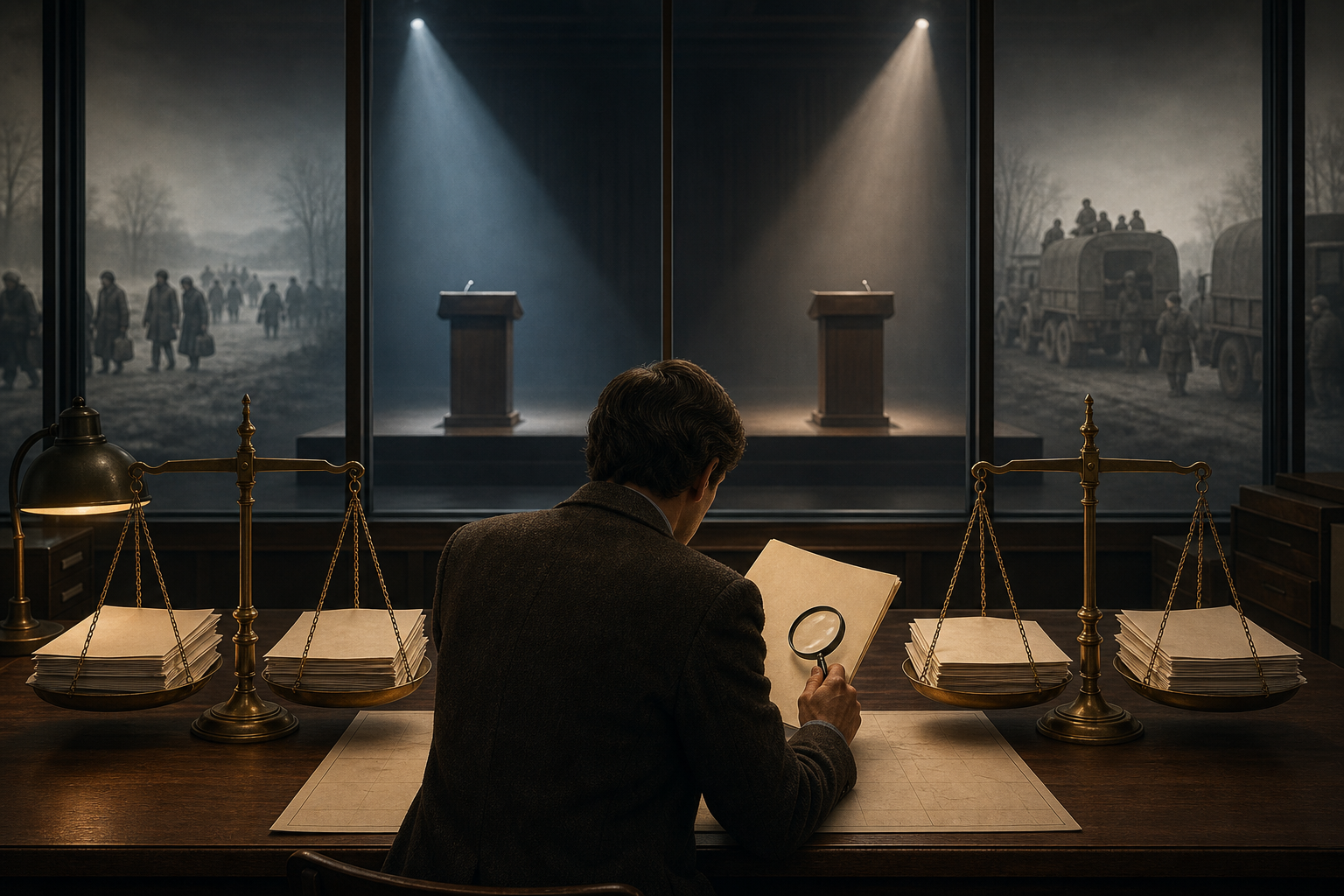 A historian studies blank archival materials and balanced evidence trays while two empty debate lecterns and faint 1970s-era historical silhouettes appear in the background.