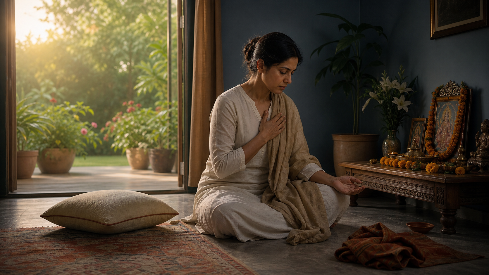 A grieving adult sits quietly beside a simple home altar, an empty cushion and folded shawl nearby, as dawn light enters through an open doorway.