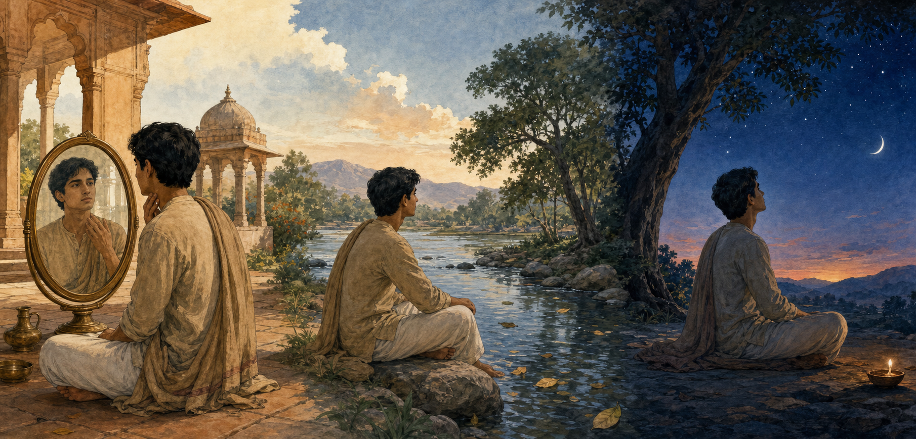 Three connected scenes show a person looking into a bronze mirror, observing reflections in a flowing stream, and sitting beneath an open evening sky.