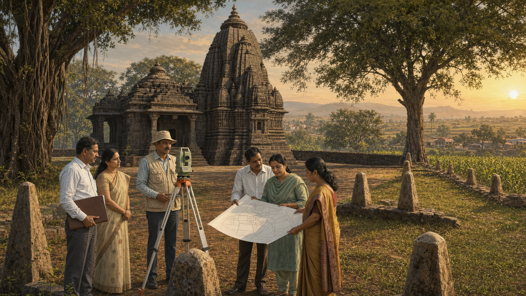 Temple trustees and a land surveyor examine boundary markers around a stone temple compound in Maharashtra.