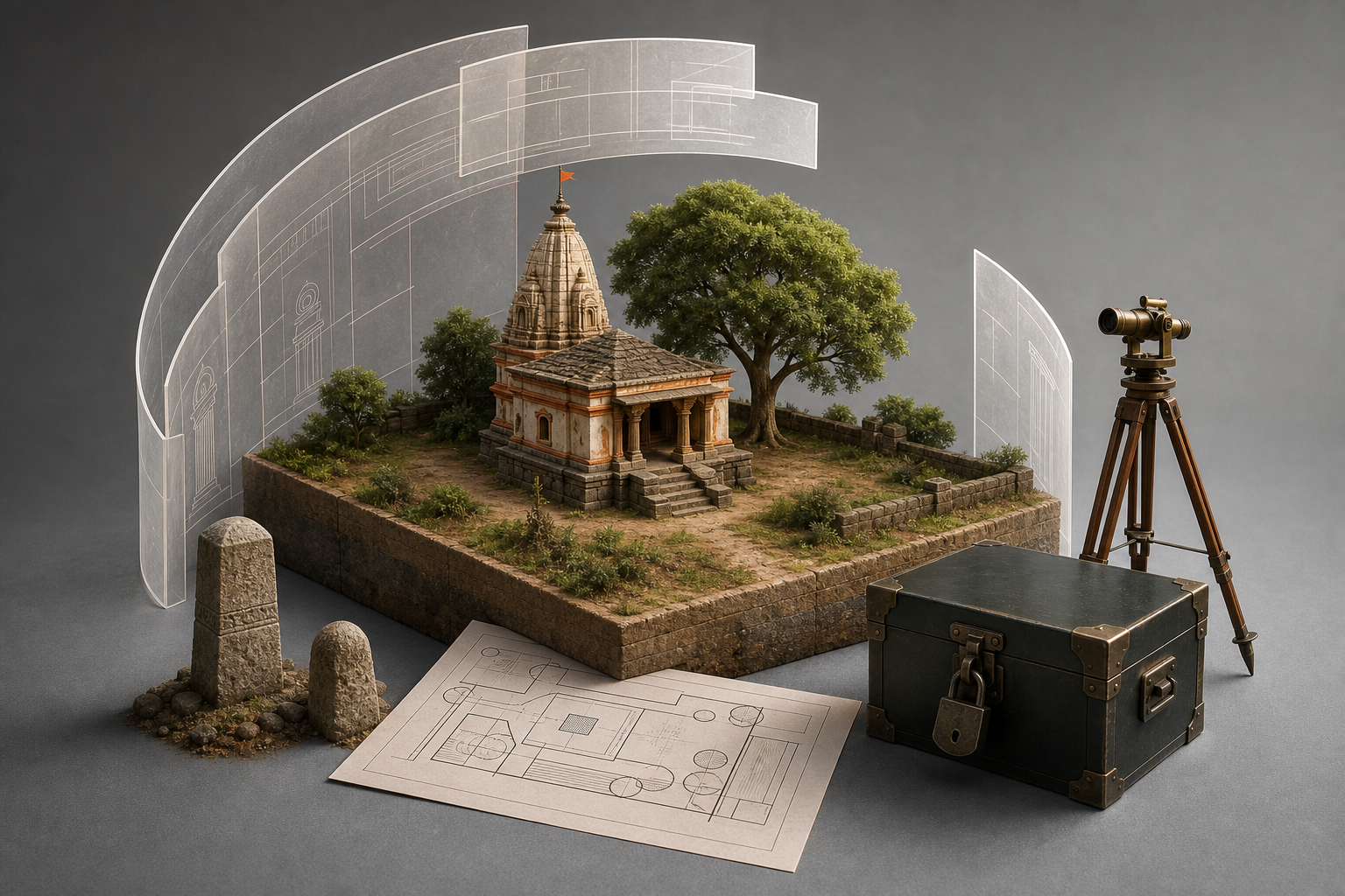 A model temple property is partly protected by a translucent arch and partly by boundary markers, survey equipment and a record box.