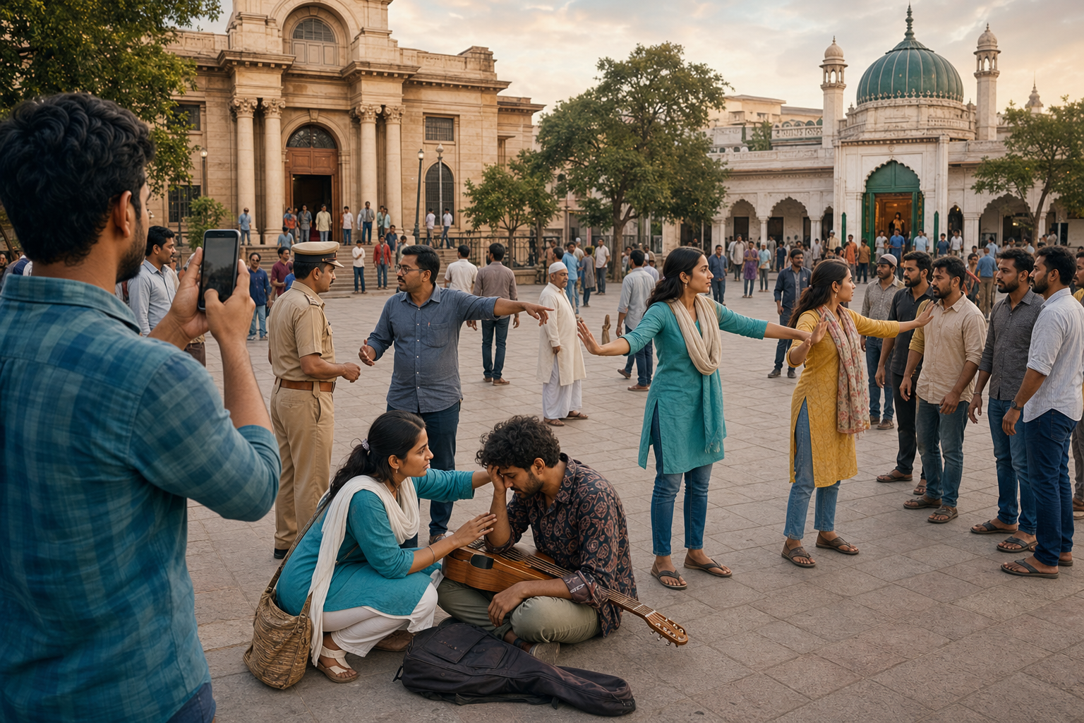 Bystanders document a tense public dispute, assist a musician, speak with an officer, and calmly keep opposing groups apart in an Indian square.