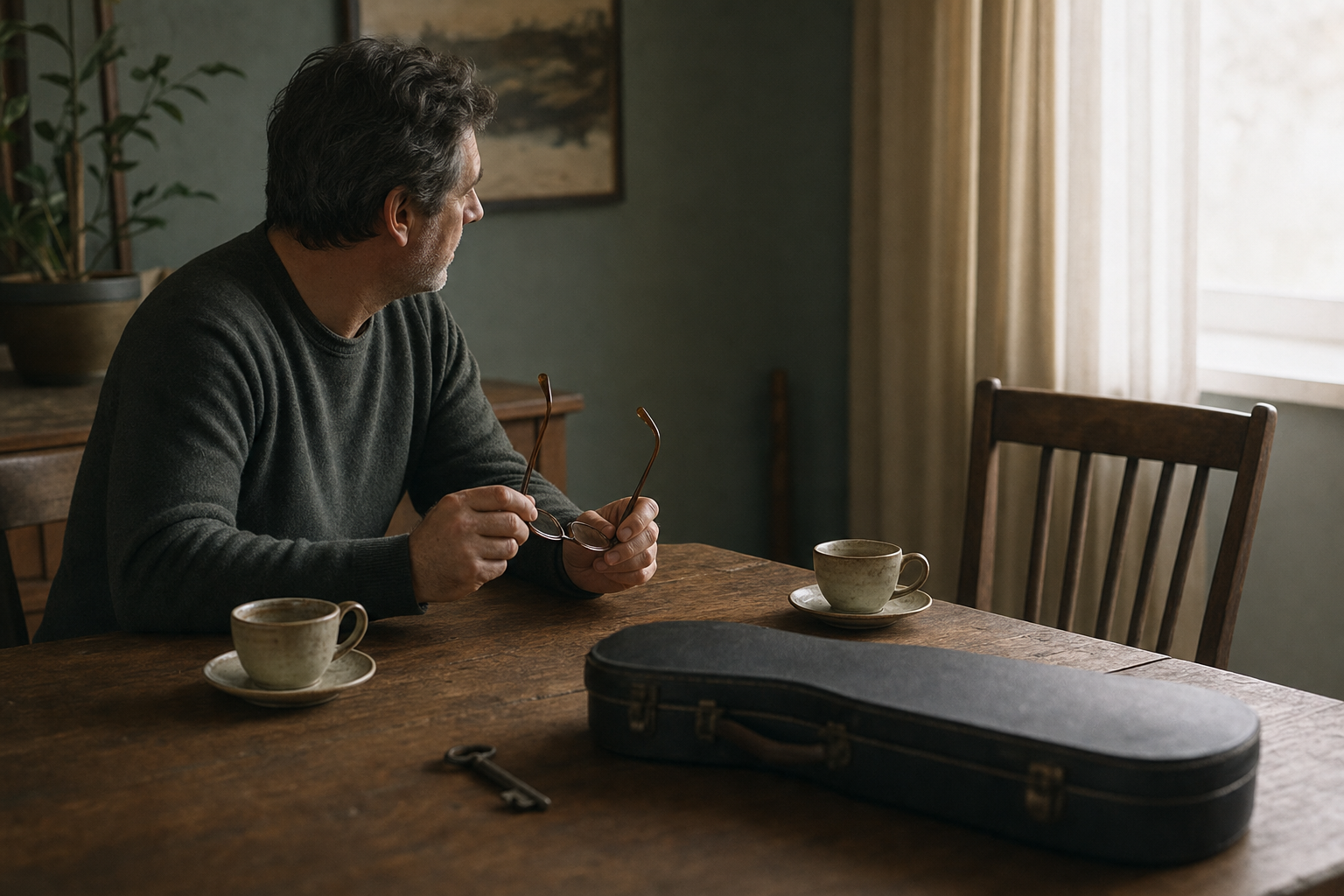 An adult holds a pair of reading glasses at a table beside an unused teacup, an old key, a closed music case, and an empty chair.