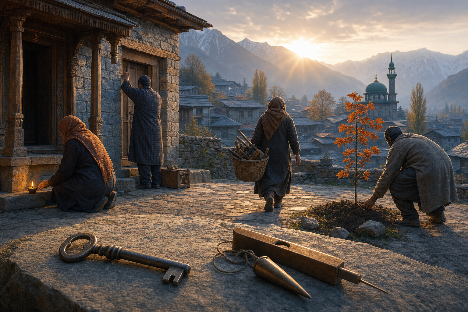 Anonymous Kashmiri neighbors repair a courtyard, relight an oil lamp, restore a home, and plant a young chinar tree at sunrise.