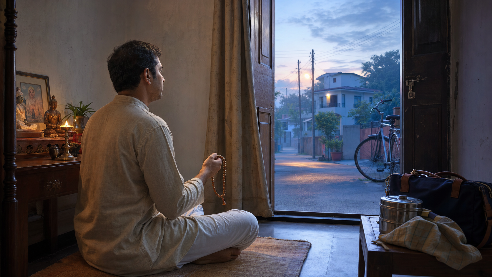 A householder completes morning japa beside a small home altar while dawn light enters through a doorway near items prepared for the day.
