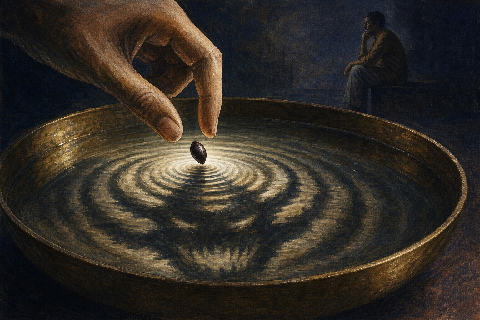 A small dark object creates a large distorted ripple in a brass bowl as an observer waits in the background.