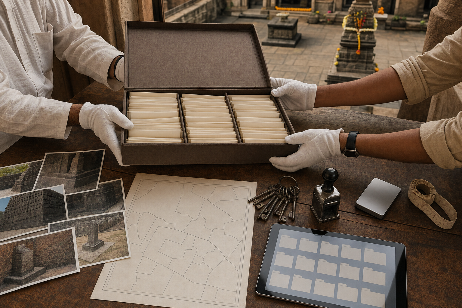 Two temple trustees pass an organized property archive containing maps, photographs, keys and digital storage.