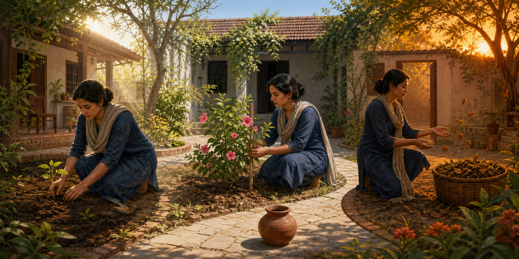 In three connected garden scenes, one adult plants a seedling, supports a flowering plant, and lets dry leaves fall toward a compost basket.