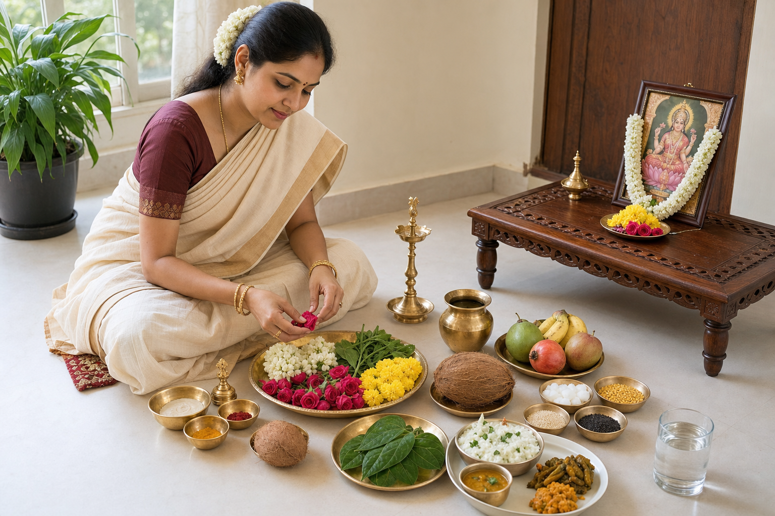A woman arranges flowers, lamps, fruit, water and other puja materials beside a home shrine.