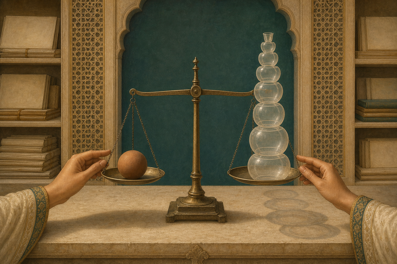 A balance scale compares one solid clay sphere with a precarious stack of translucent empty vessels while two hands steady it.