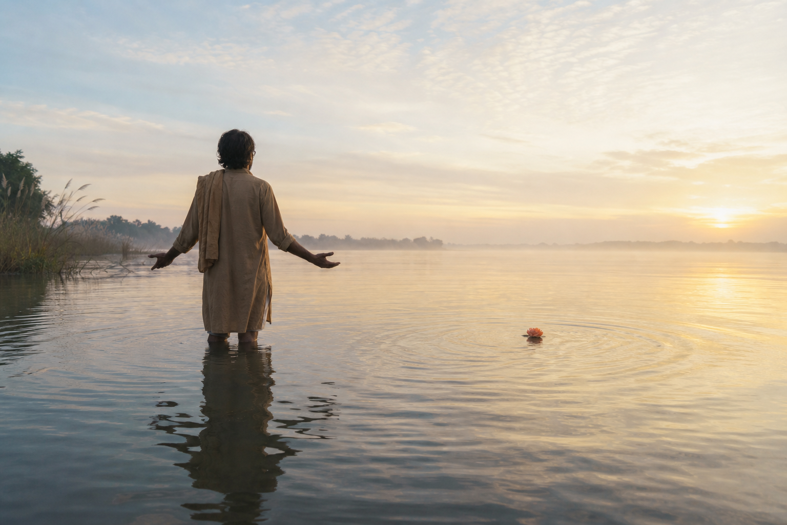 A devotee stands in a calm river with open hands as a flower floats away and ripples break up the figure's reflection.