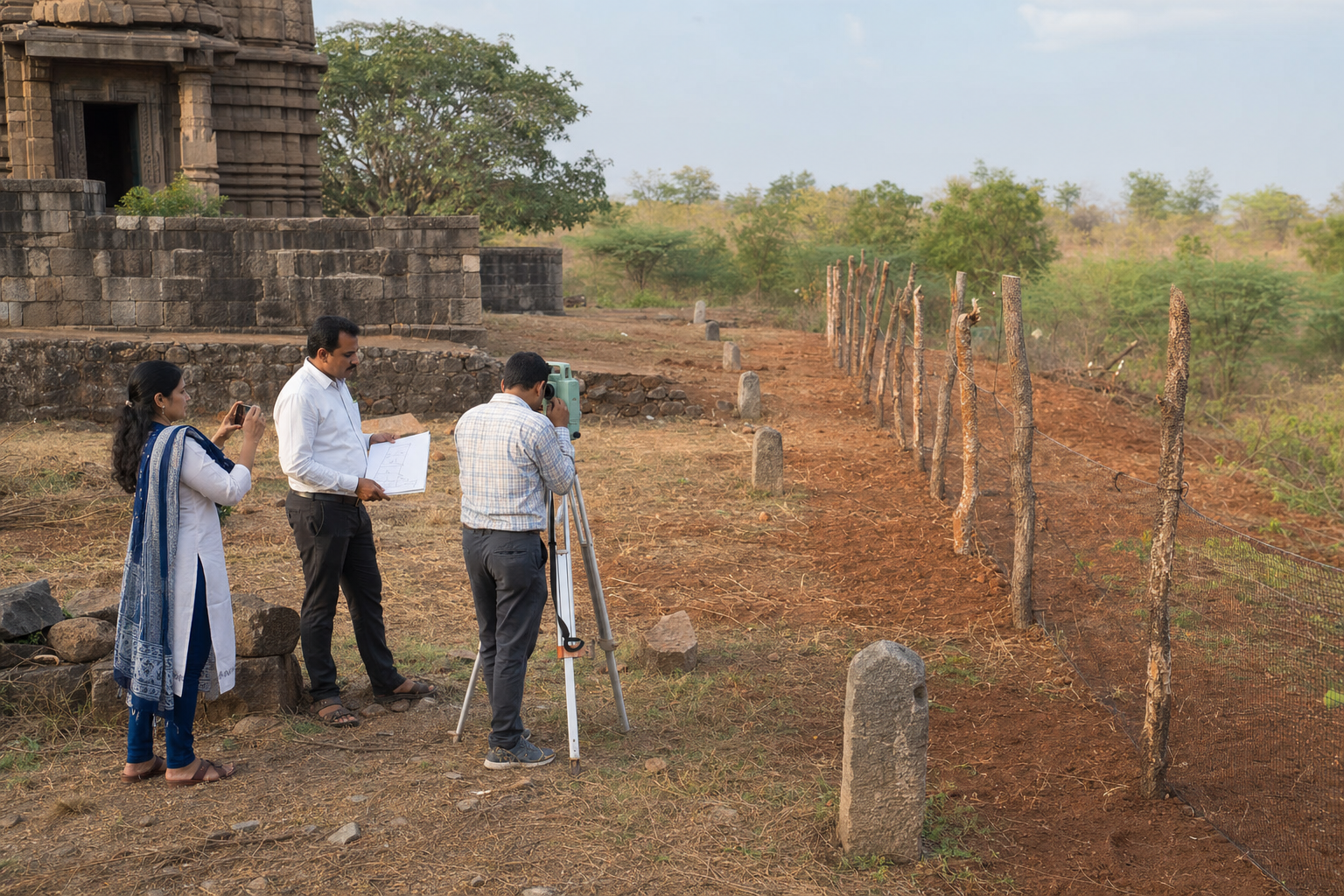 Temple trustees and a surveyor document an irregular fence beside established stone boundary markers in Maharashtra.