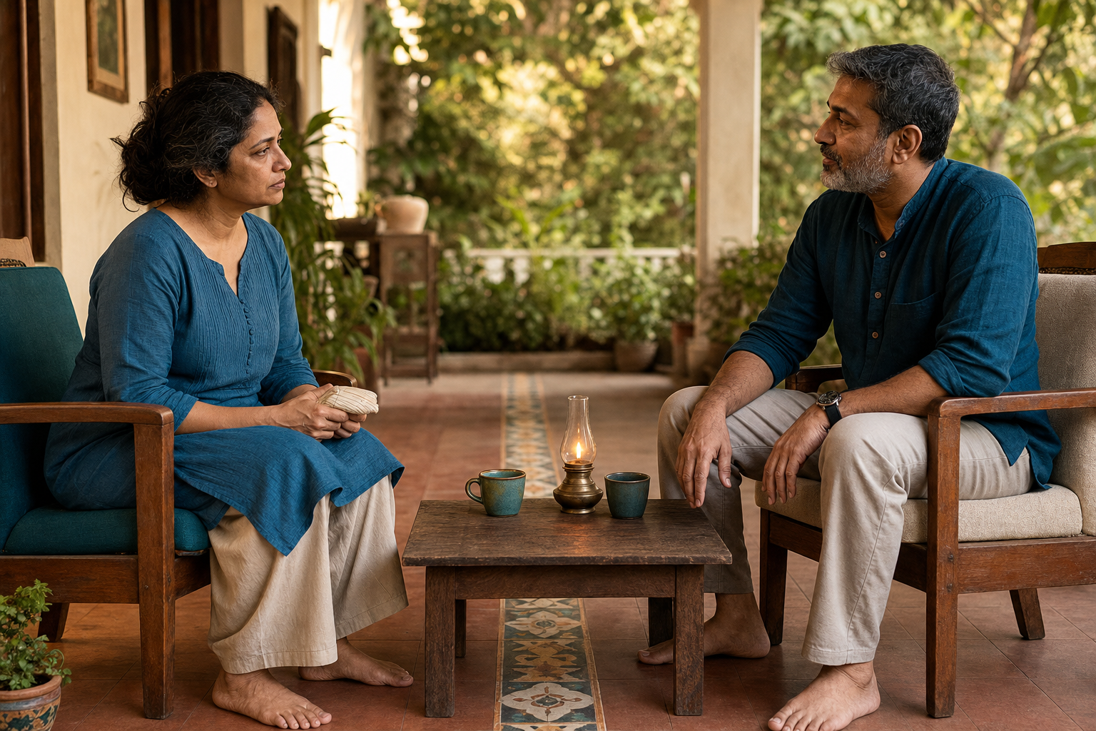 Two adults speak across a low table on a veranda, with one listening calmly while the other holds a folded cloth and appears distressed.