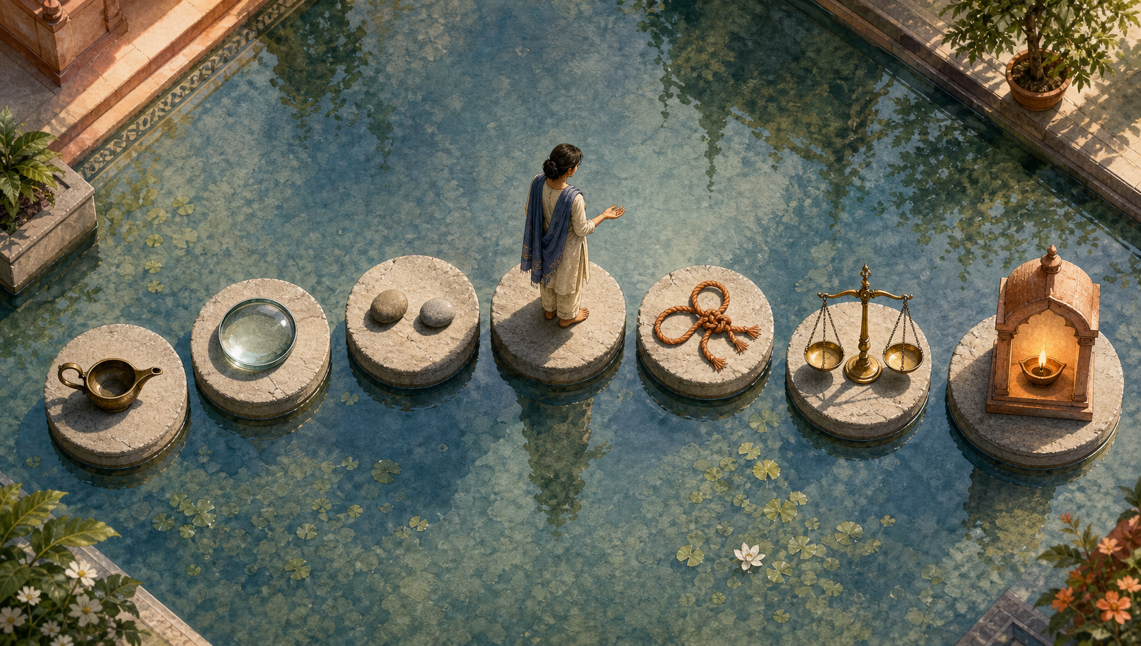 A person pauses midway across seven stone platforms in a shallow courtyard pool, each platform holding a different reasoning-related object.