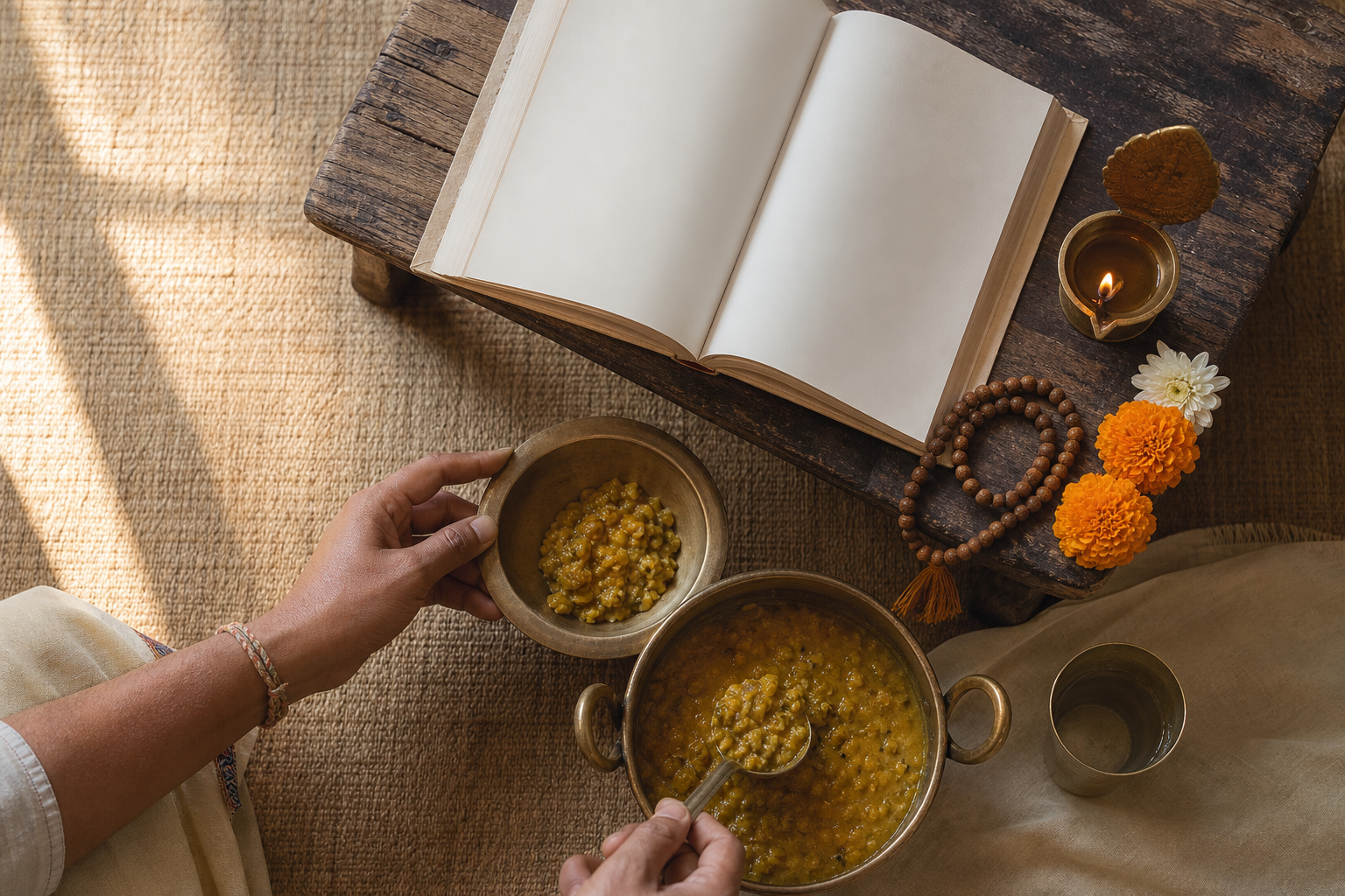 Hands portion lentils beside a prayer mala, an open book, flowers, a water cup, and a small brass lamp on a woven mat.