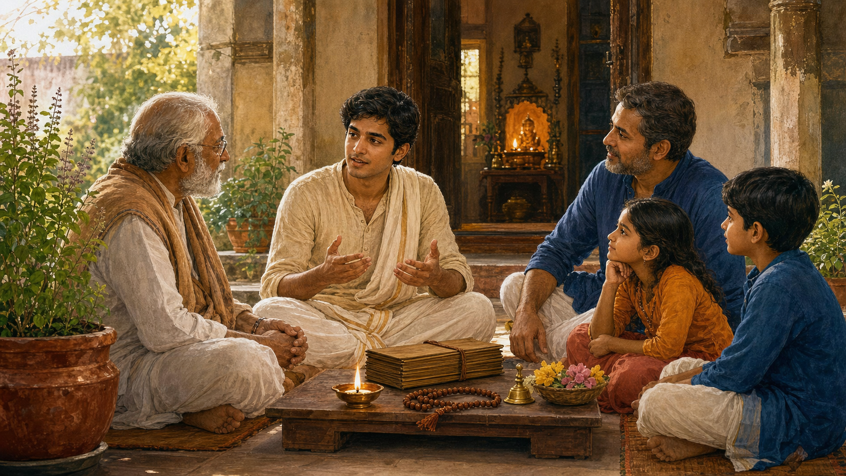 A multigenerational Hindu family discusses knowledge in a courtyard beside closed palm-leaf folios, an oil lamp, prayer beads, flowers, and a softly lit home shrine.