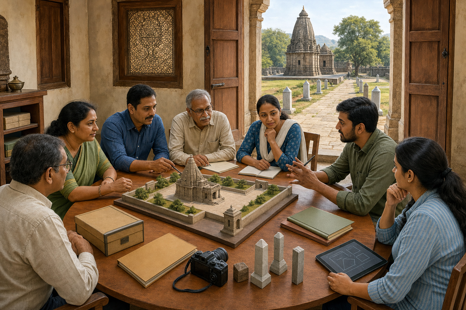 A temple committee, surveyor and legal adviser coordinate around a site model while maintained boundary markers are visible outside.
