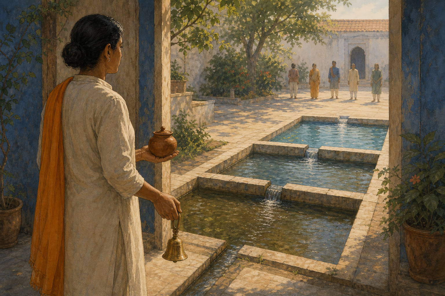 An Indian adult pauses at a courtyard threshold with a sealed clay vessel and a lowered brass bell as water clears through settling basins nearby.