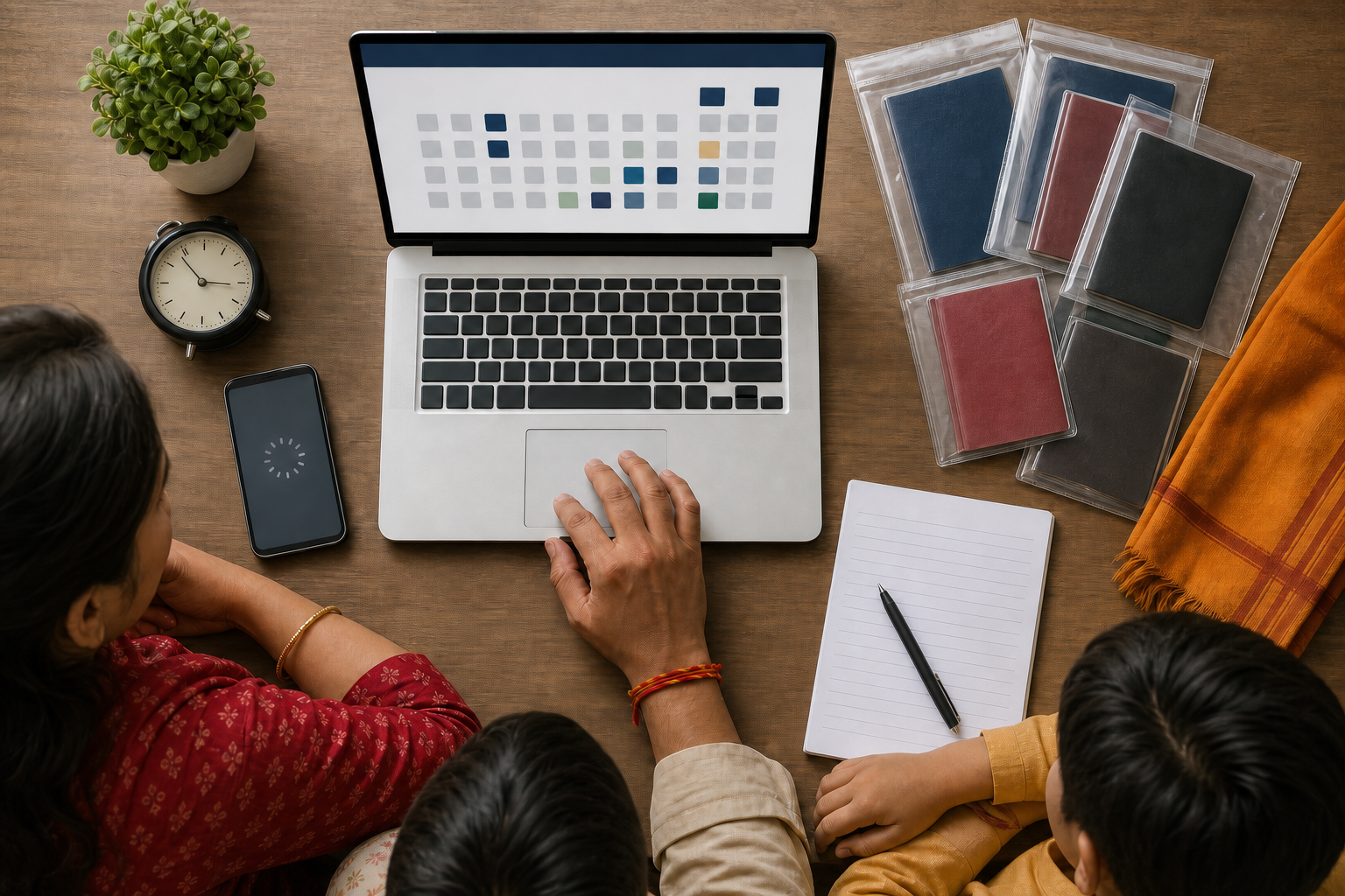 A laptop, phone, clock, concealed identity documents, and planning materials are arranged for a family pilgrimage booking session.