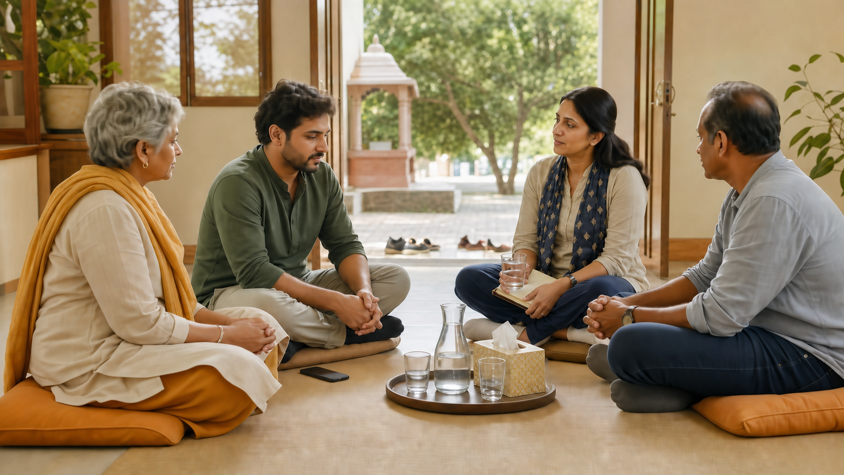 A grieving adult sits in a supportive circle with an elder, a counselor, and a friend in a bright community room beside an open courtyard.