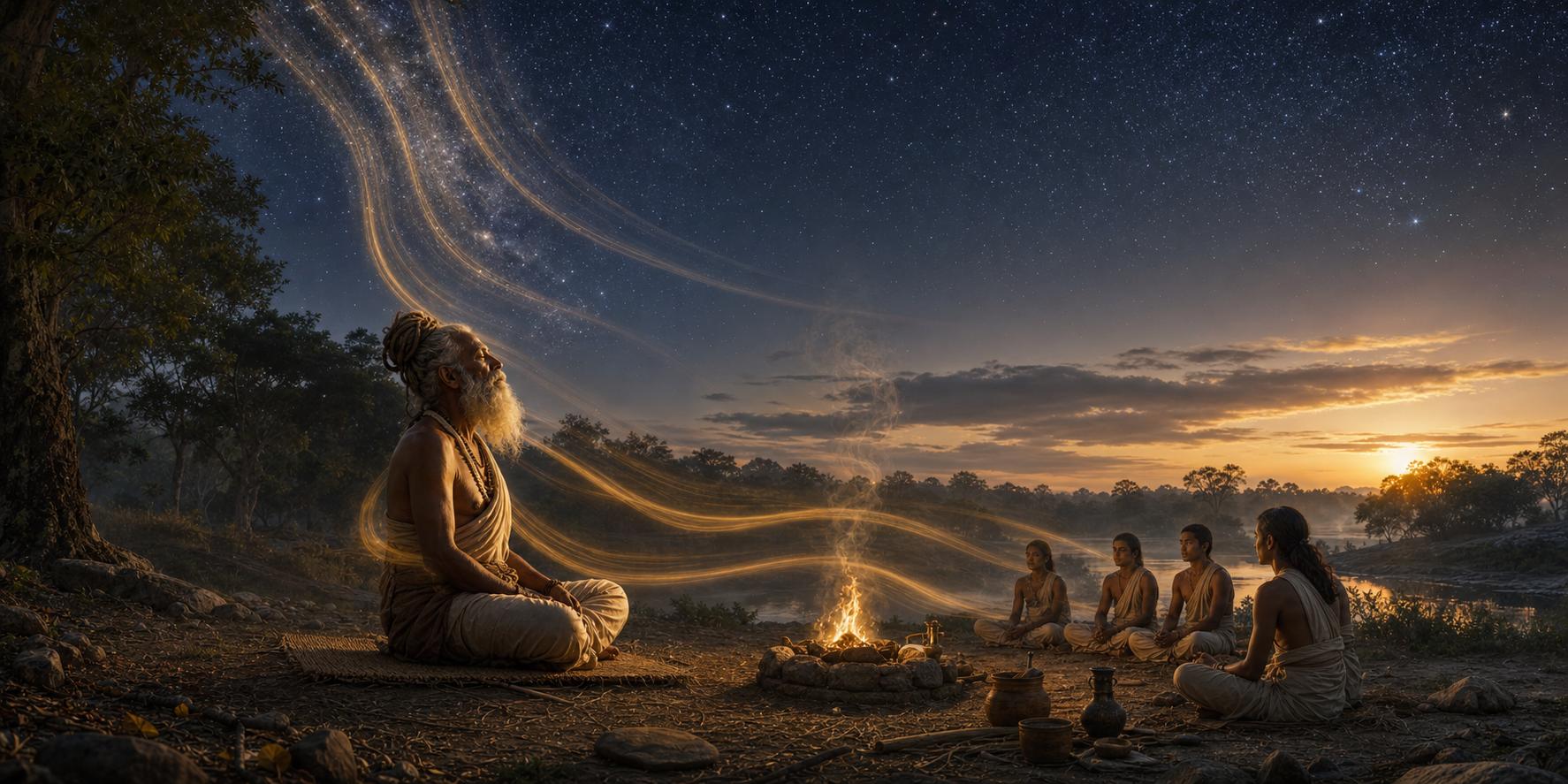An ancient rishi meditates beneath the dawn sky as luminous waves pass toward students gathered beside a sacred fire.