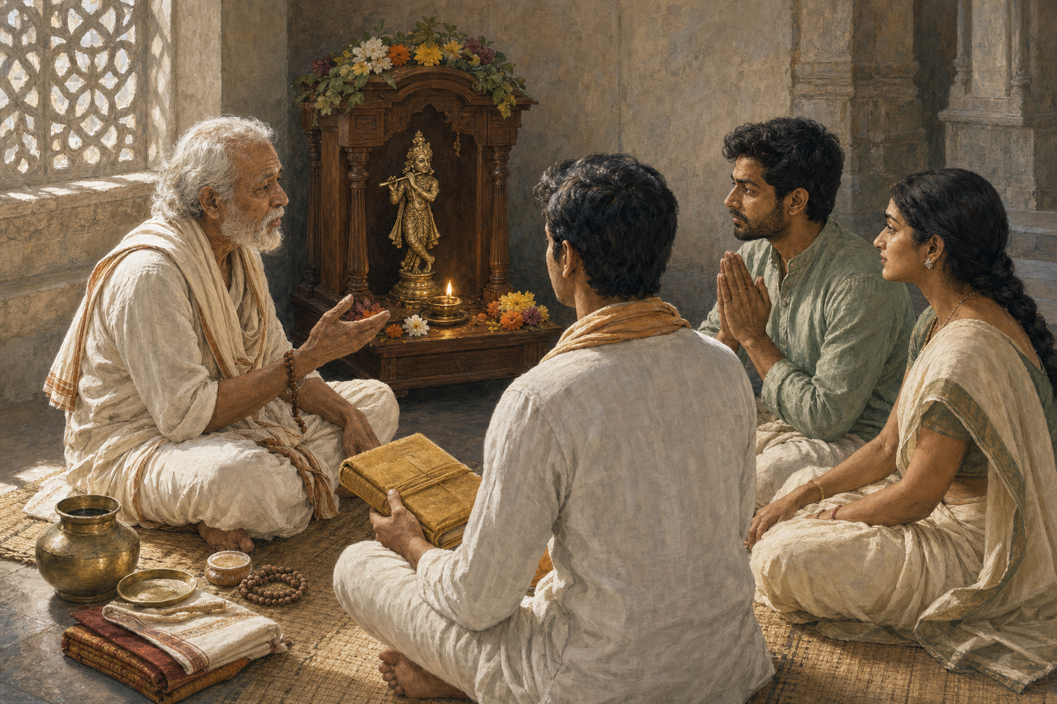 An elder teaches three adults in a temple-side hall where a closed book, prayer beads, ritual objects, and a flower-adorned Krishna shrine share the same space.