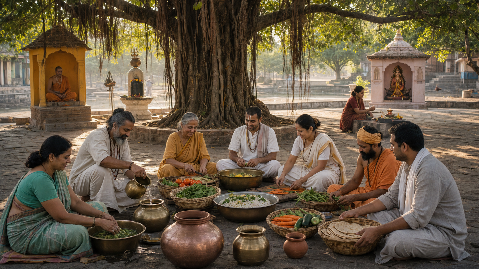 People with distinct devotional beads and practices prepare and serve a community meal together beneath a banyan tree.