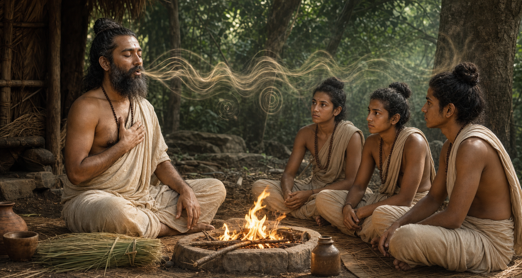 A rishi recites beside a small fire while three seated students listen in a forest hermitage.