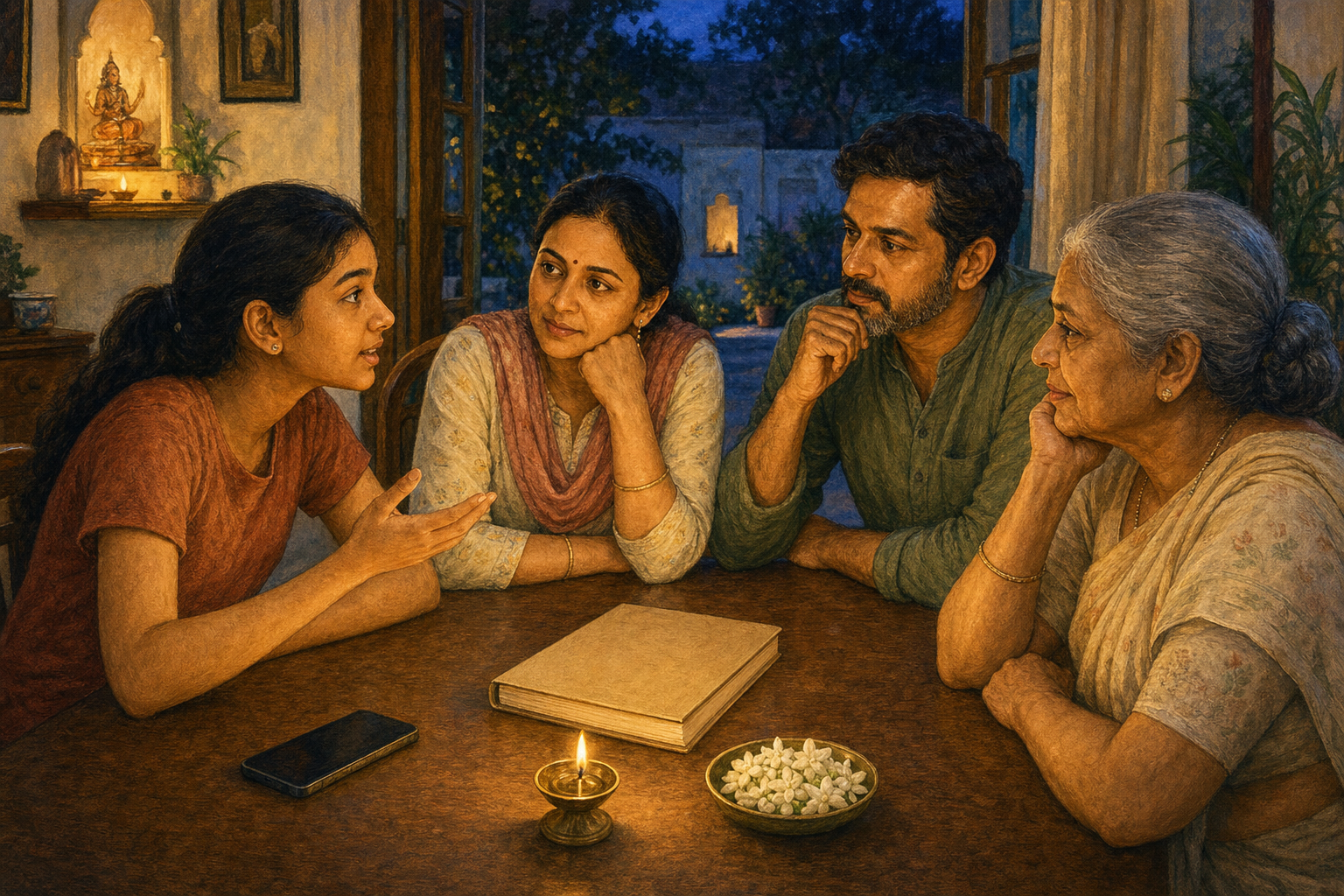 A Hindu teenager talks with her parents and grandmother around a home dining table with a closed book, oil lamp, and jasmine flowers.