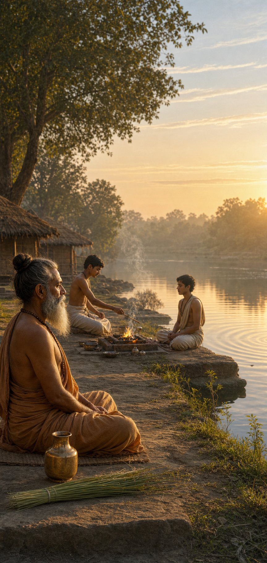 A rishi practices at dawn on a riverbank while students tend a sacred fire and continue their recitation discipline.