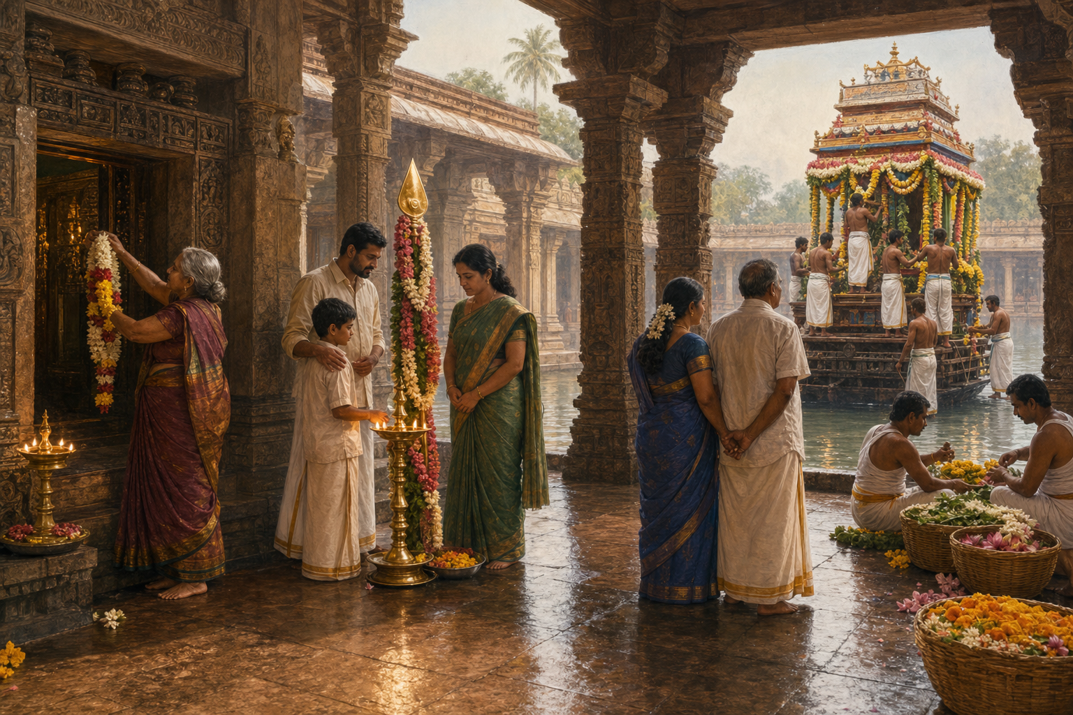 Devotees make a flower offering, pray near a ceremonial vel, and watch floral preparations for a temple float in a South Indian temple courtyard.