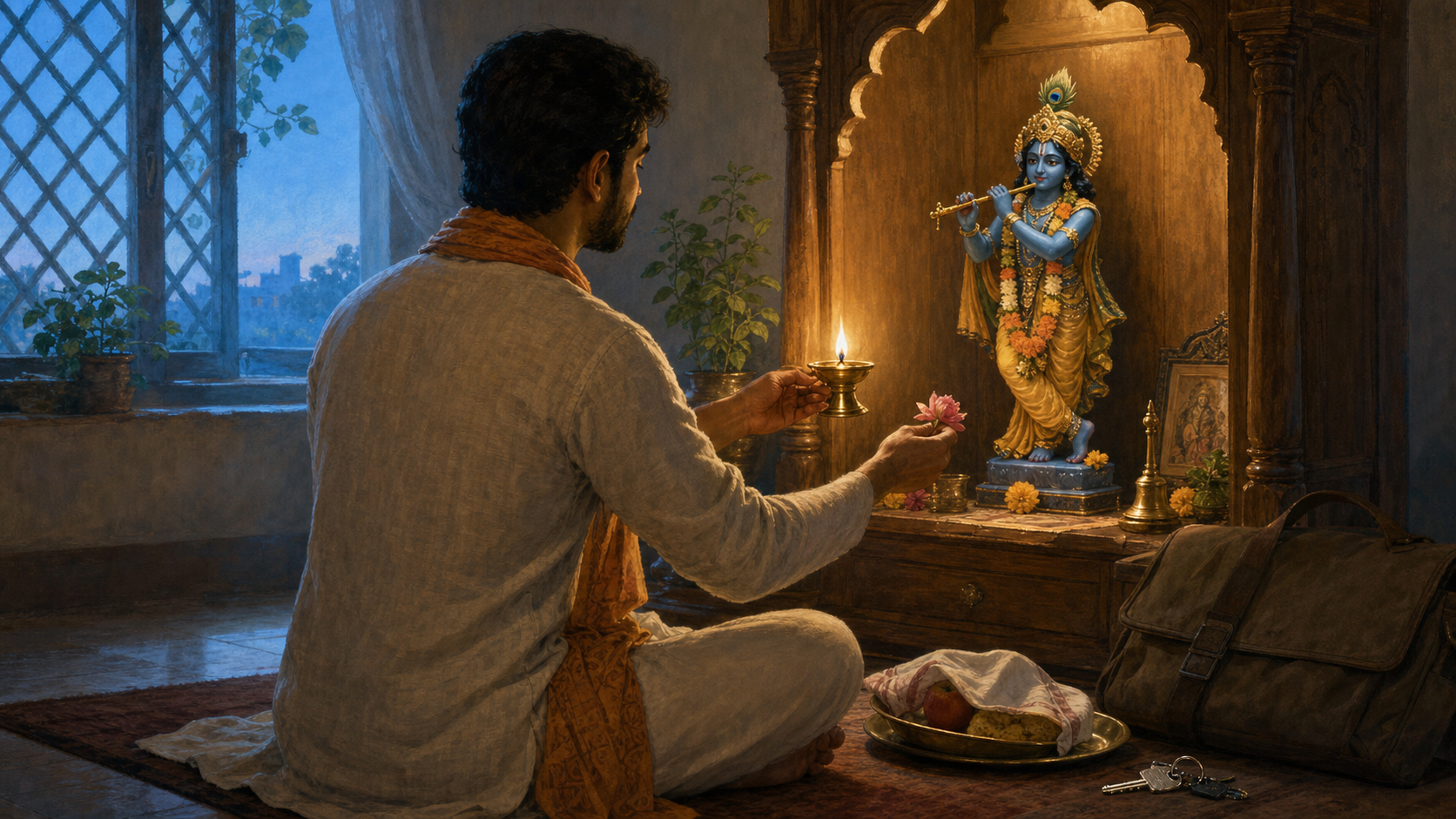 A devotee offers a brass oil lamp and flower at a small Krishna shrine at dawn, with everyday belongings nearby.