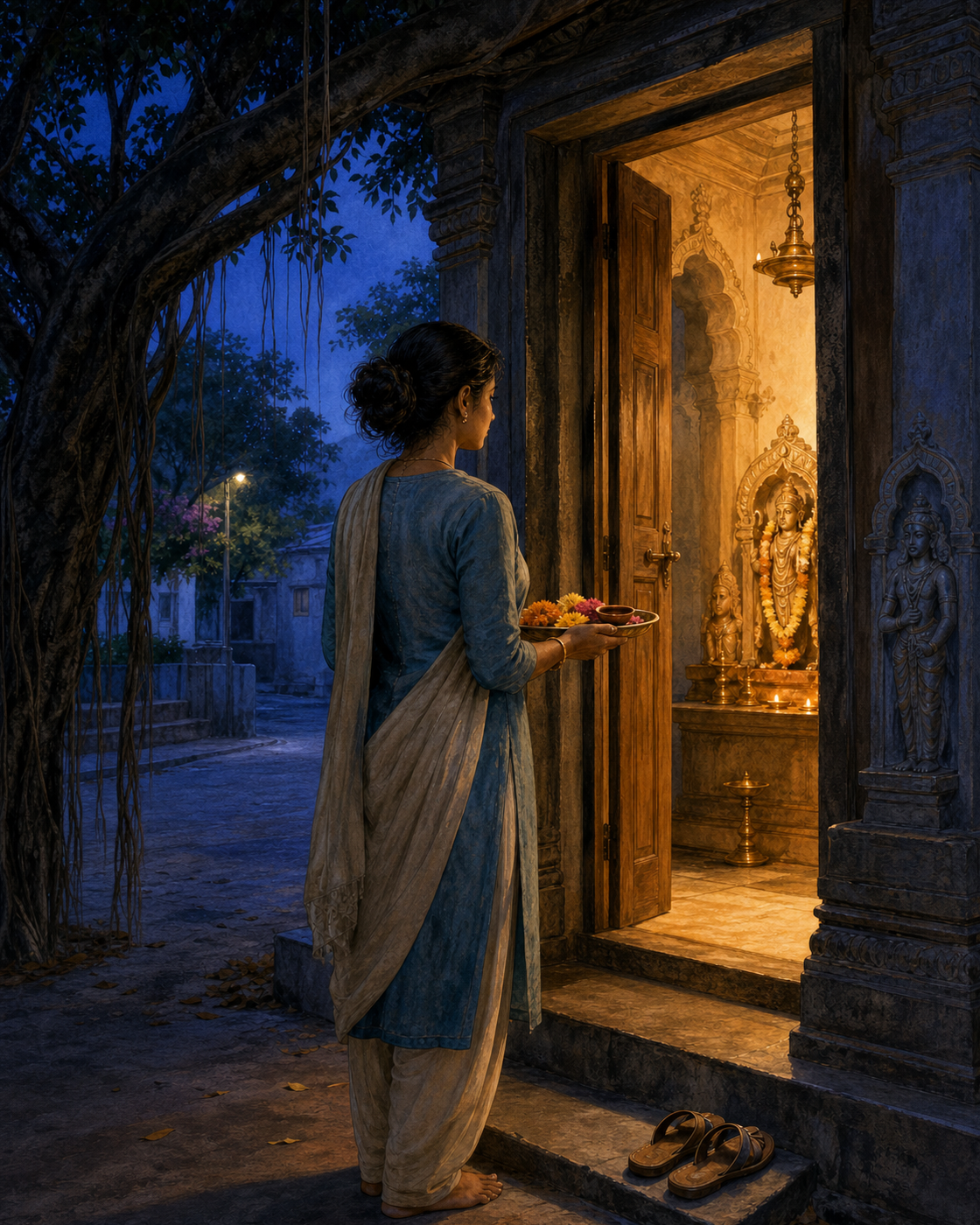 A woman carrying flowers and a clay lamp pauses at a quiet temple threshold as warm dawn light shines from inside.