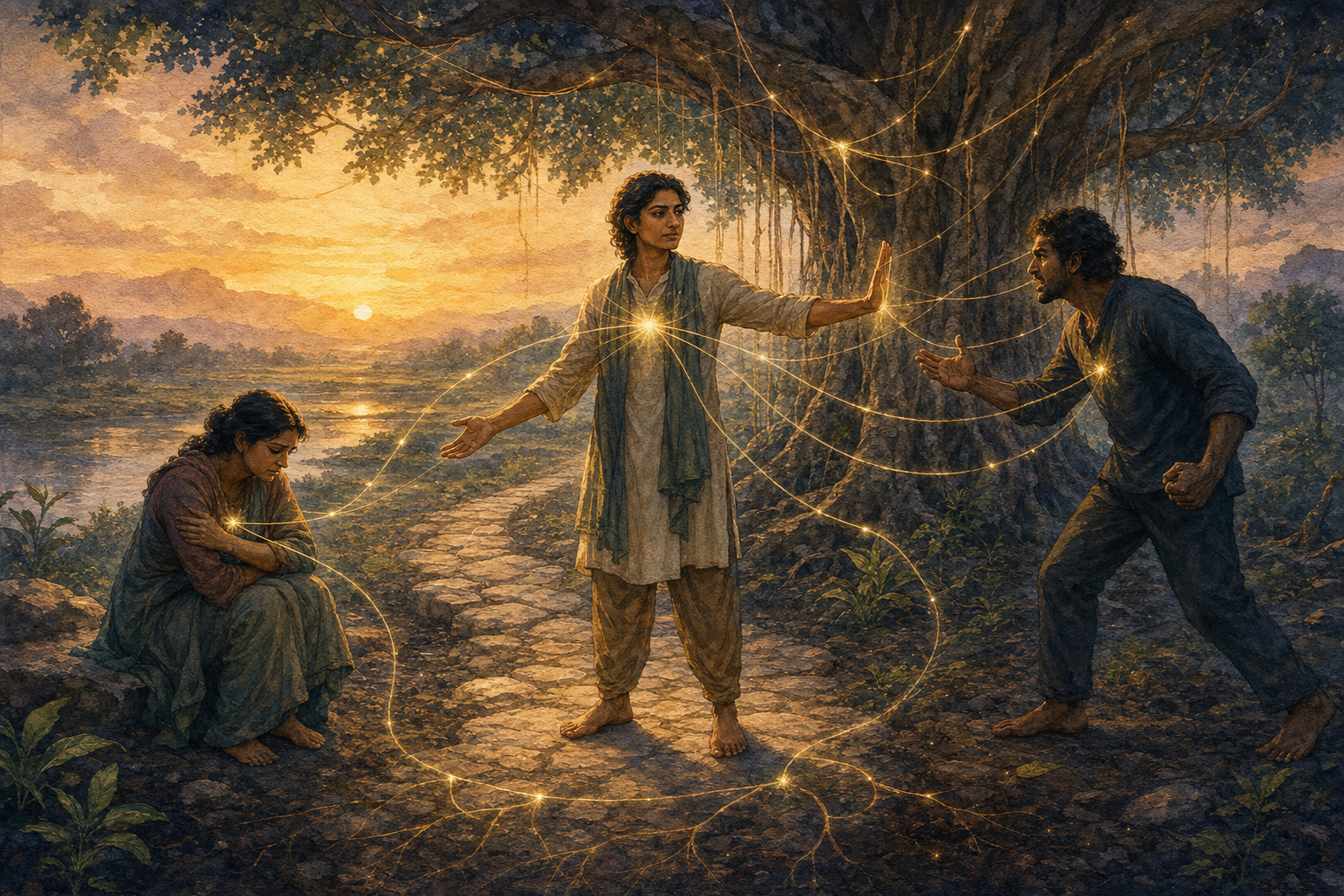 A person at dawn offers compassion to someone in distress while holding a protective boundary against an aggressor, with golden threads connecting all three to a banyan tree and the earth.